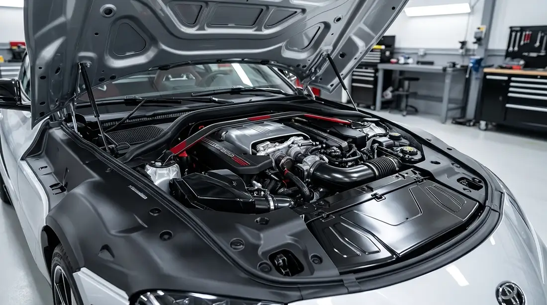 Clean, detailed engine bay of a sports car by Forge Auto Studio in Denver