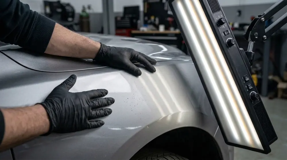 Paintless dent and hail repair on a car by Forge Auto Studio in Denver